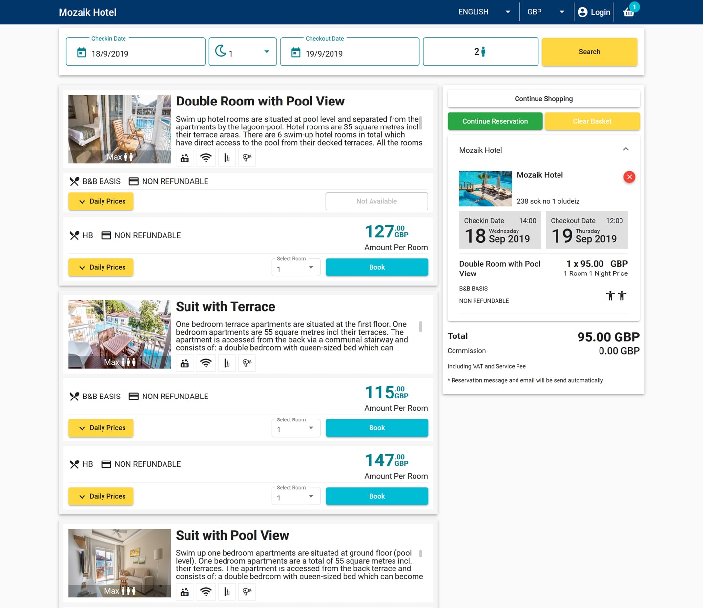 Hotel online booking system, booking engine