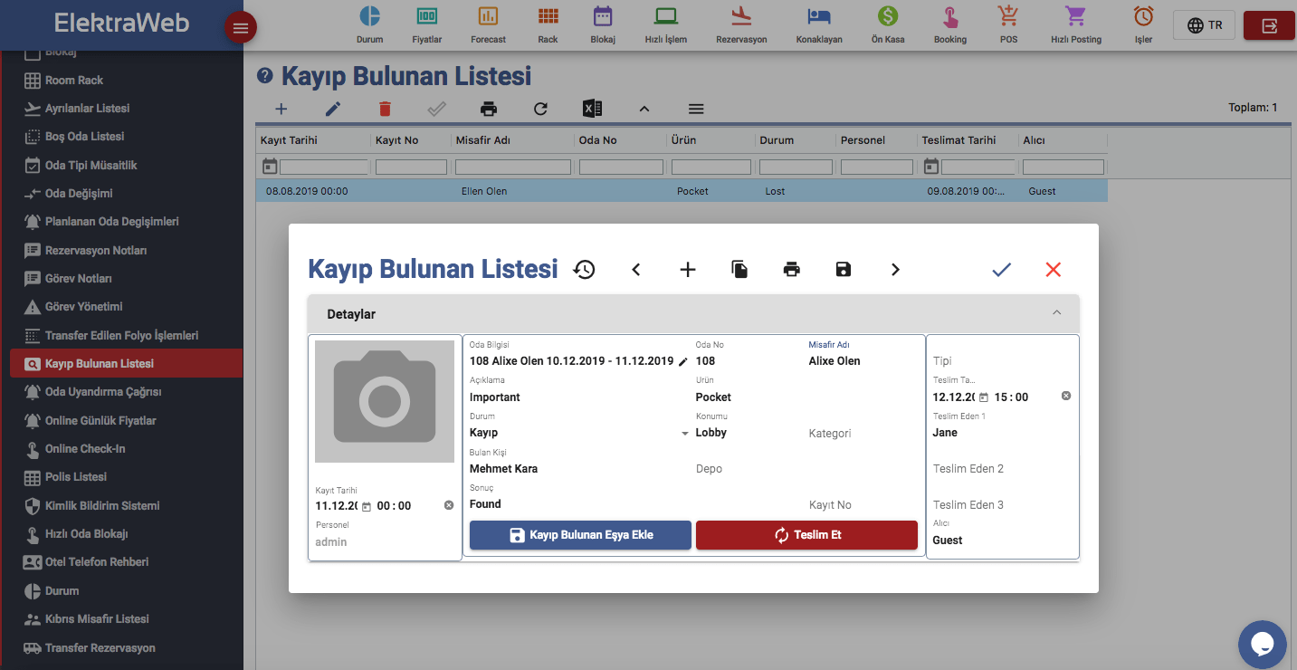 Otel Programı Kayıp ve Bulunanlar Listesi-Elektraweb Otel Yönetim Sistemi & Otel Yazılımı