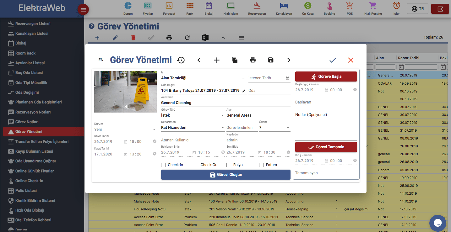 Otel Programı Görev Yönetimi-Elektraweb Otel Yönetim Sistemi & Otel Yazılımı Görev Yönetimi
