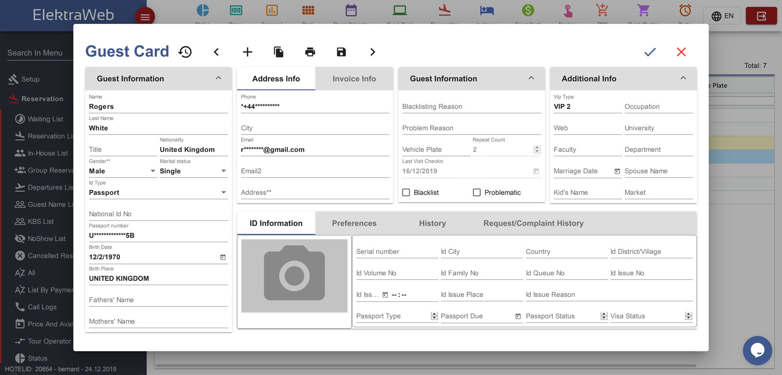 Hotel Program Fully-Featured PMS-Elektraweb Hotel Management System Guest Card