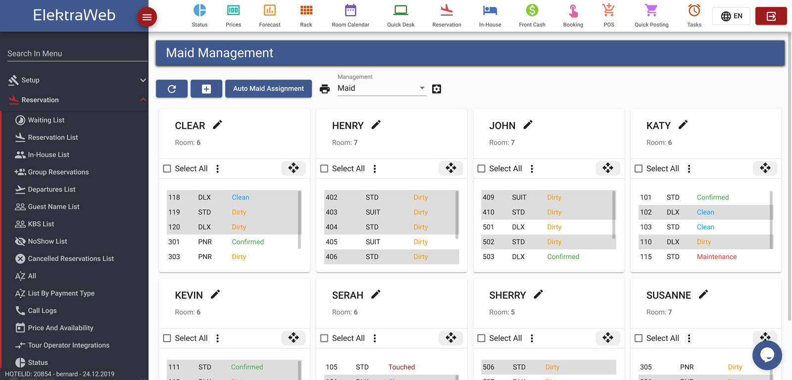 Hotel Program Fully-Featured PMS-Elektraweb Hotel Management System Maid Management