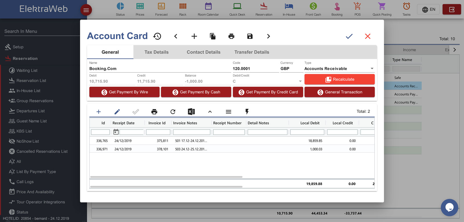 Hotel Program Fully-Featured PMS-Elektraweb Hotel Management System Invoice Accounts Cards