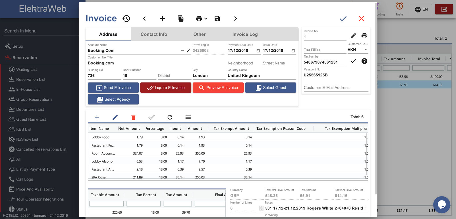 Hotel Program Fully-Featured PMS-Elektraweb Hotel Management System Hotel PMS Invoice