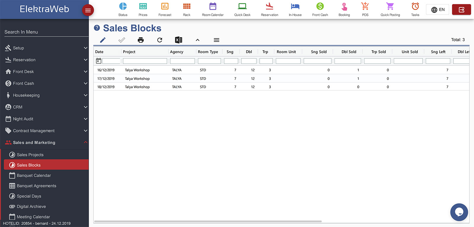 Hotel Pms Sales Blocks , Otel Satış blokları Ekranı