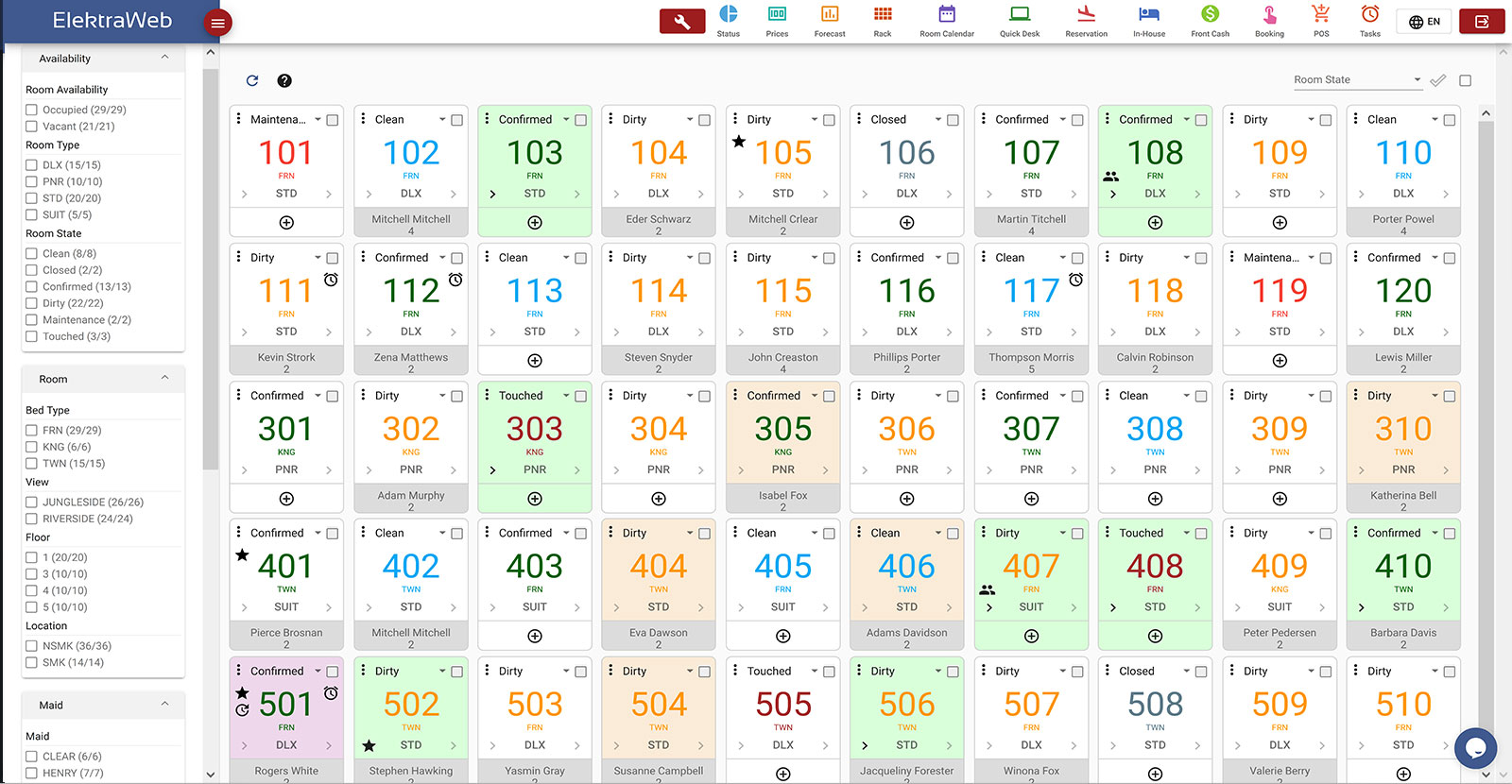 Hotel Program Full Feature PMS-Elektraweb Hotel Management System Room Rack Viewing Instant Room Status