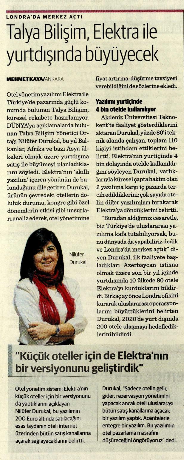 Talya Bilişim, Elektra ile Yurt Dışında Büyüyecek (Dünya Gazetesi – 18.02.2020)