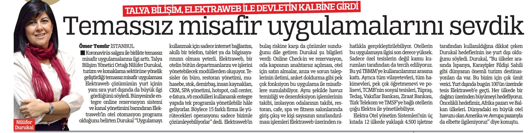 Talya Bilişim Elektraweb İle Devletin Kalbine Girdi. Temassız Misafir Uygulamalarını Sevdik – Türkiye Gazetesi (31.08.2021)