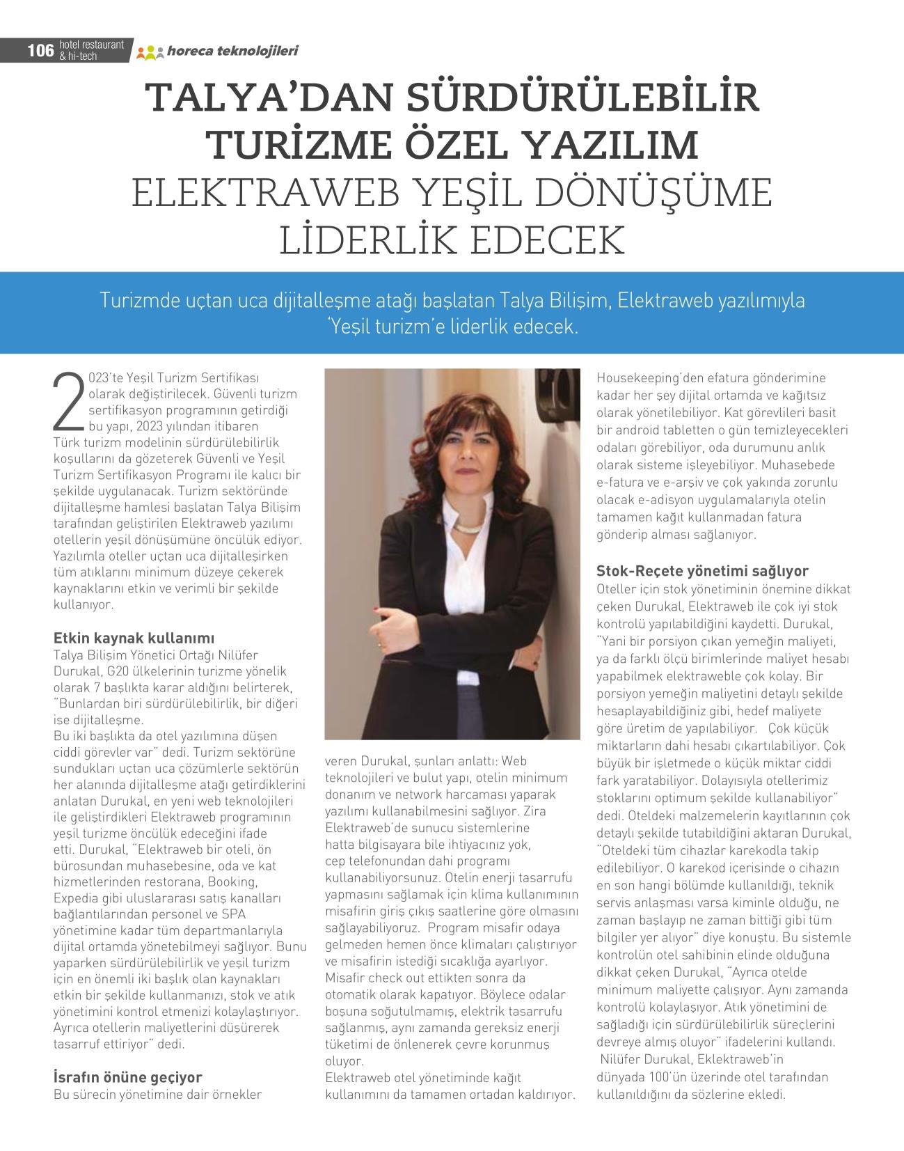 TALYA’DAN SÜRDÜRÜLEBİLİR TURİZME ÖZEL YAZILIM ELEKTRAWEB YEŞİL DÖNÜŞÜME LİDERLİK EDECEK (HOTEL RESTAURANT HI-TECH- 01.06.2022)