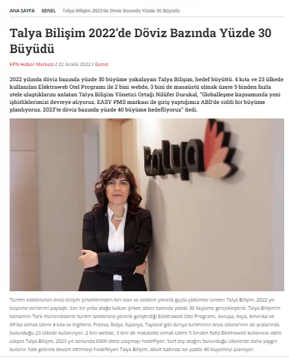 Talya Bilişim 2022’de Döviz Bazında Yüzde 30 Büyüdü (epnext.com – 24.12.2022)