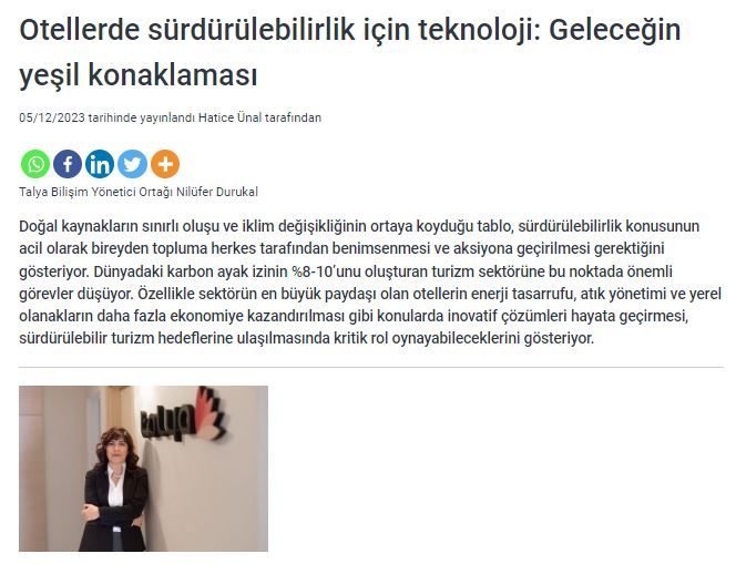 Otellerde sürdürülebilirlik için teknoloji: Geleceğin yeşil konaklaması (hotelrestaurantmagazine.com- 05.12.2023)